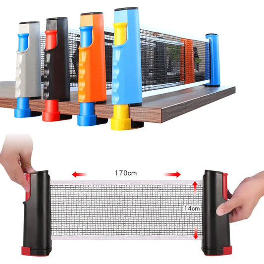 Retractable Table Tennis Net showcasing multiple colors with a person setting it up for play.