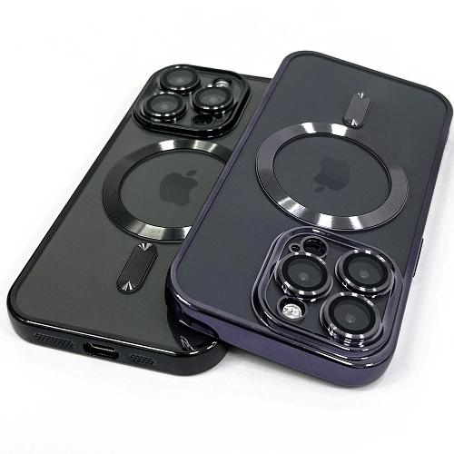iPhone magnetic case features showcasing two stylish magnetic cases in black and purple for iPhone models.