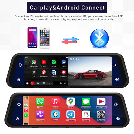 dashcam rearview mirror with Apple CarPlay showing Carplay&Android Connect features and mobile app functions