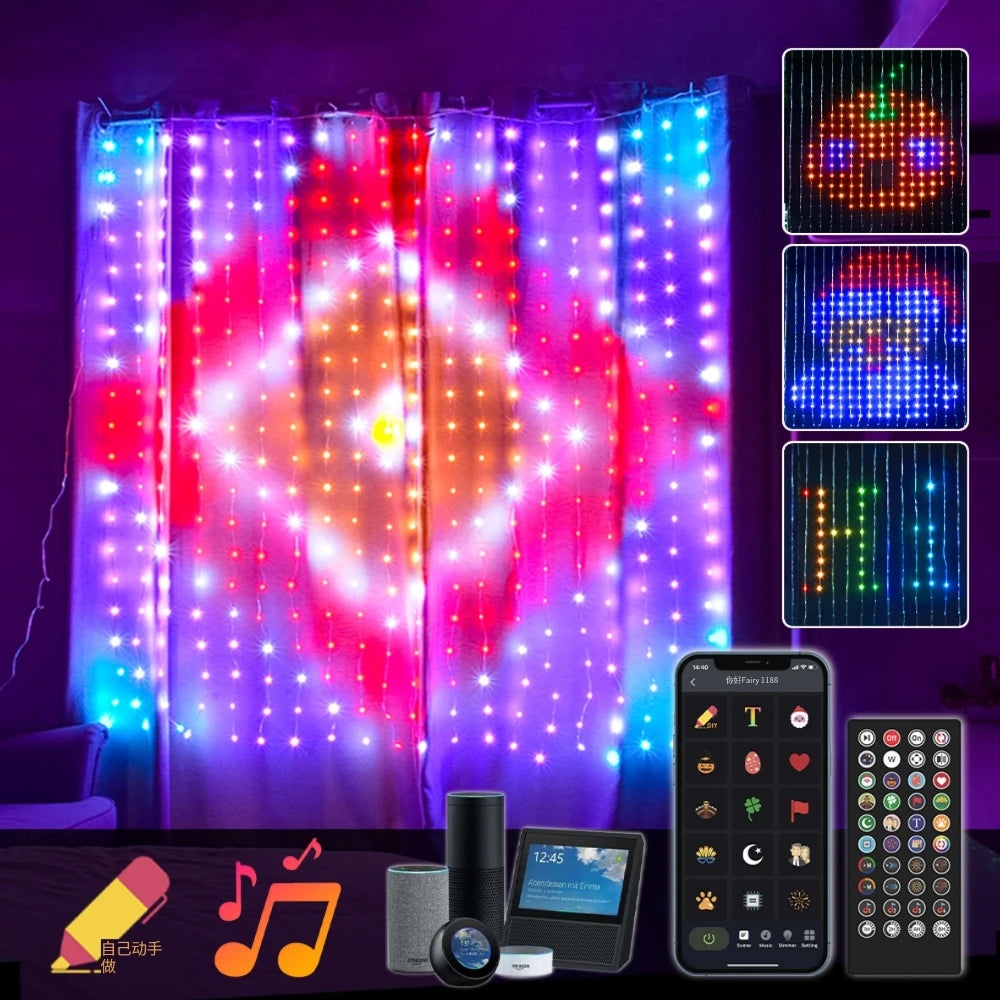 Colorful LED curtain lights for decoration illuminating a backdrop with remote control features.