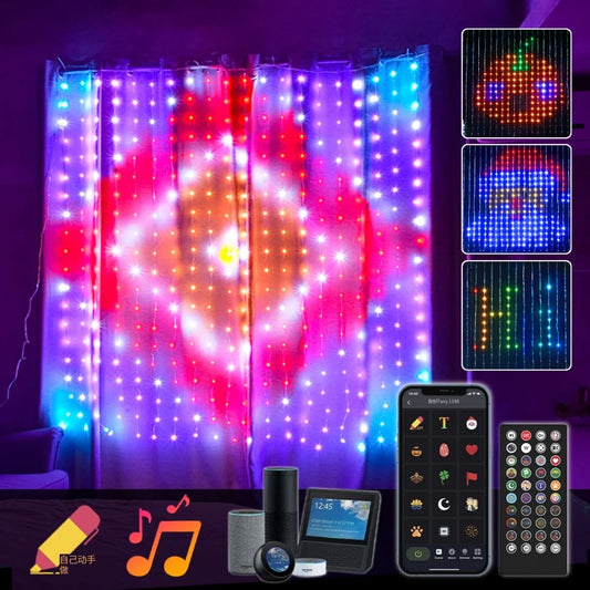 Colorful LED curtain lights for decoration illuminating a backdrop with remote control features.