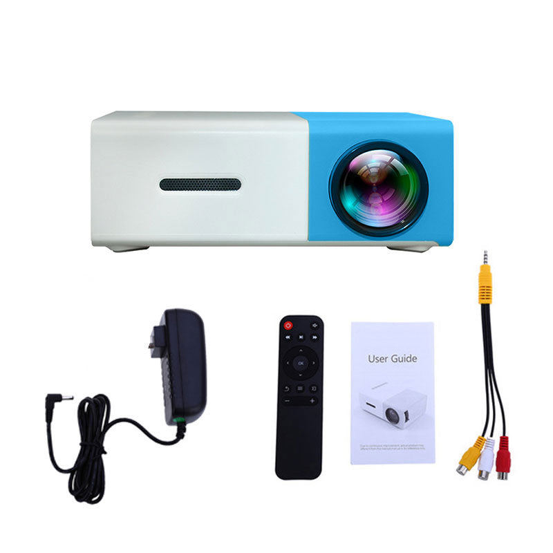 Portable mini projector HY300 with remote, power adapter, user guide, and AV cables.