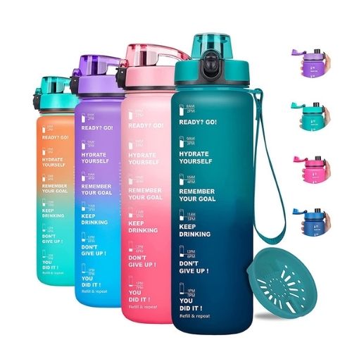 Motivational water bottle for hydration with encouraging reminders to stay hydrated and achieve goals.