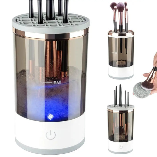 Electric makeup brush cleaning machine demonstrating an electric makeup brush cleaner in use.