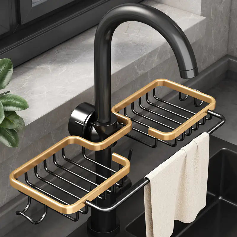 A kitchen faucet storage rack with dual tiers, hanging hooks, and a modern design for efficient kitchen organization.