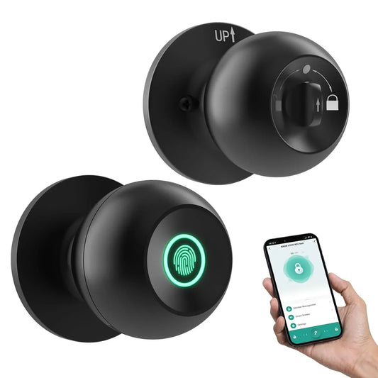 Smart door lock technology showcasing a modern fingerprint lock with smartphone access for enhanced home security.